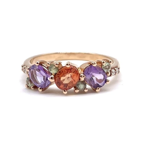 anillo oro rosa con amatista, zafiros padparadscha y verdes y diamantes
